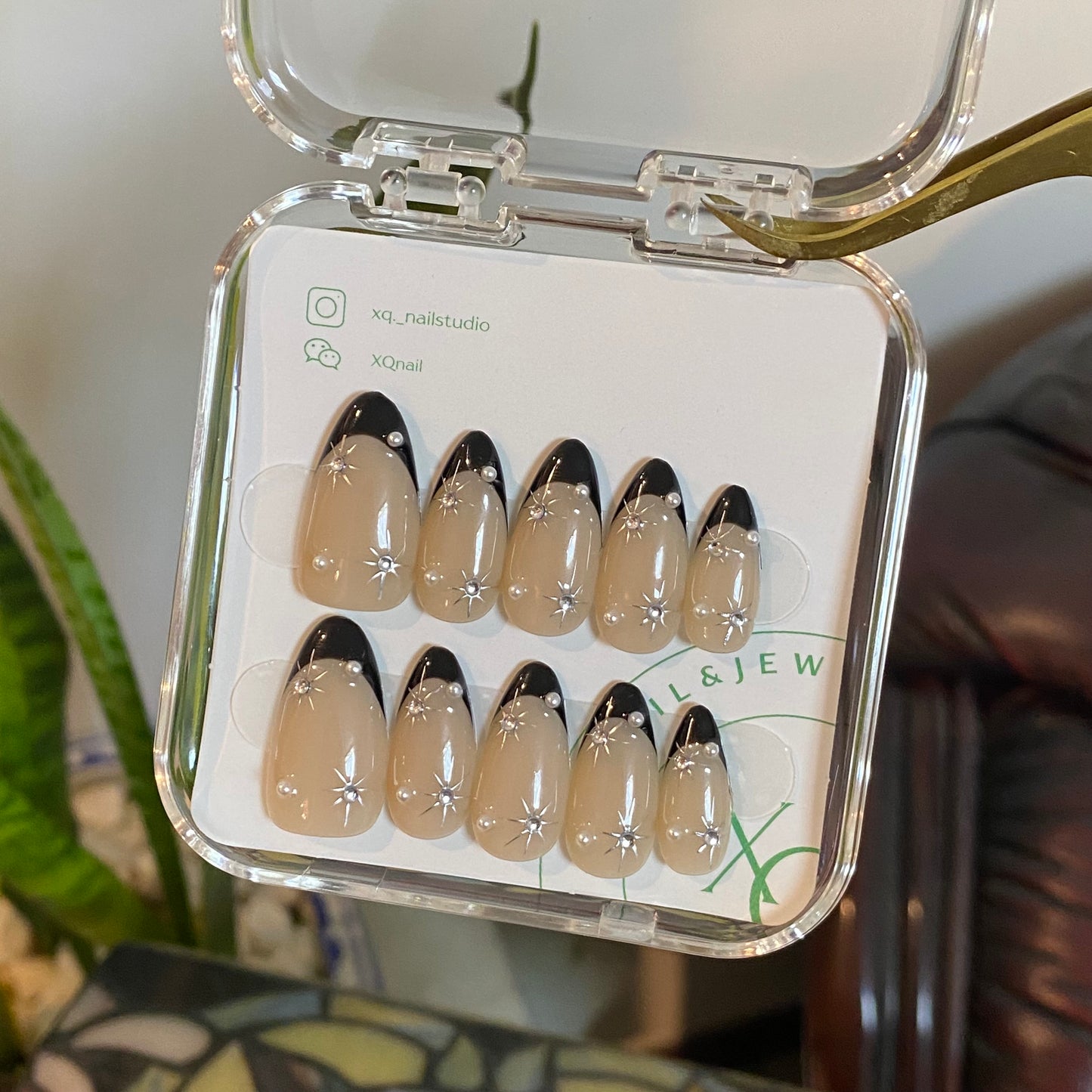 Black French Tip Silver Star Almond