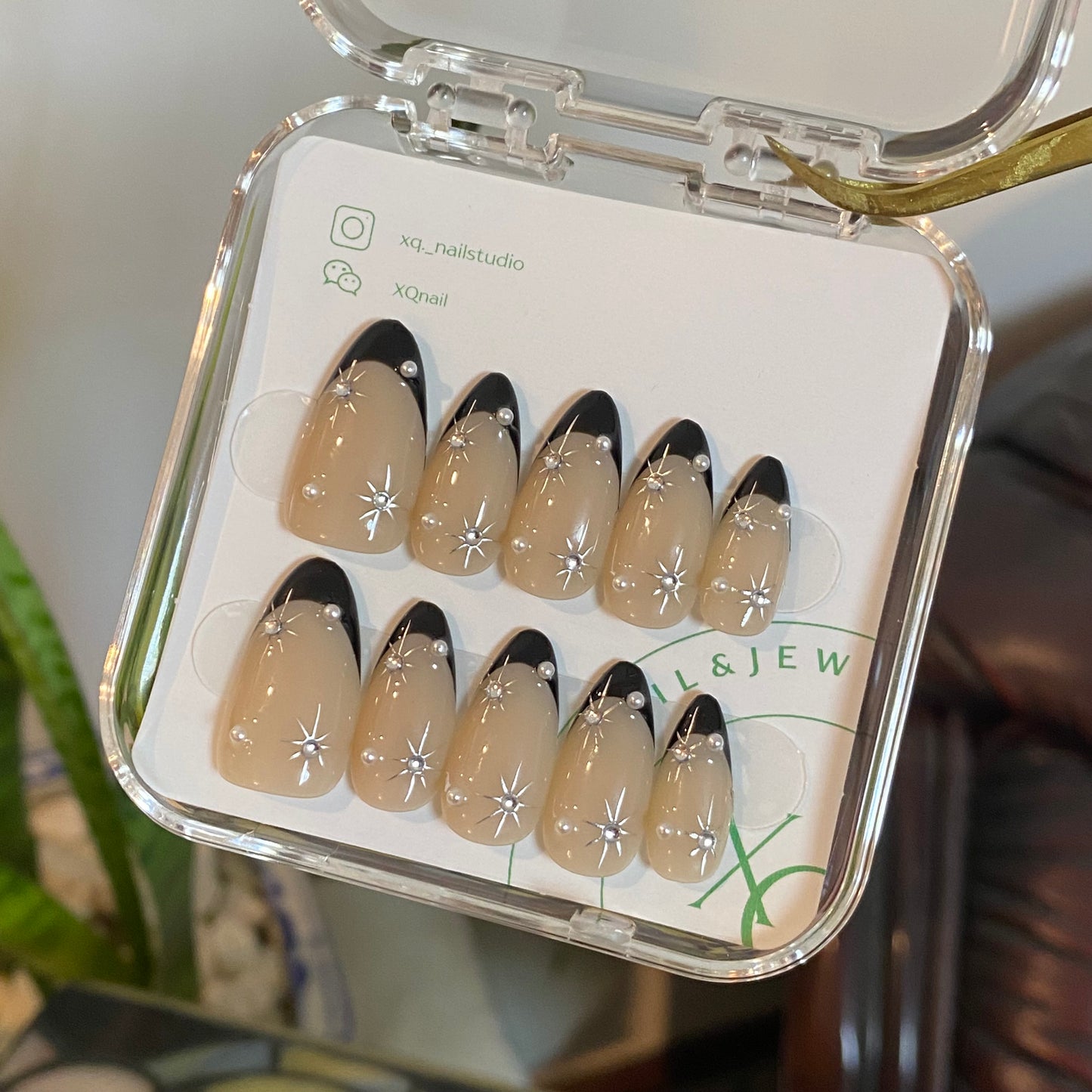 Black French Tip Silver Star Almond