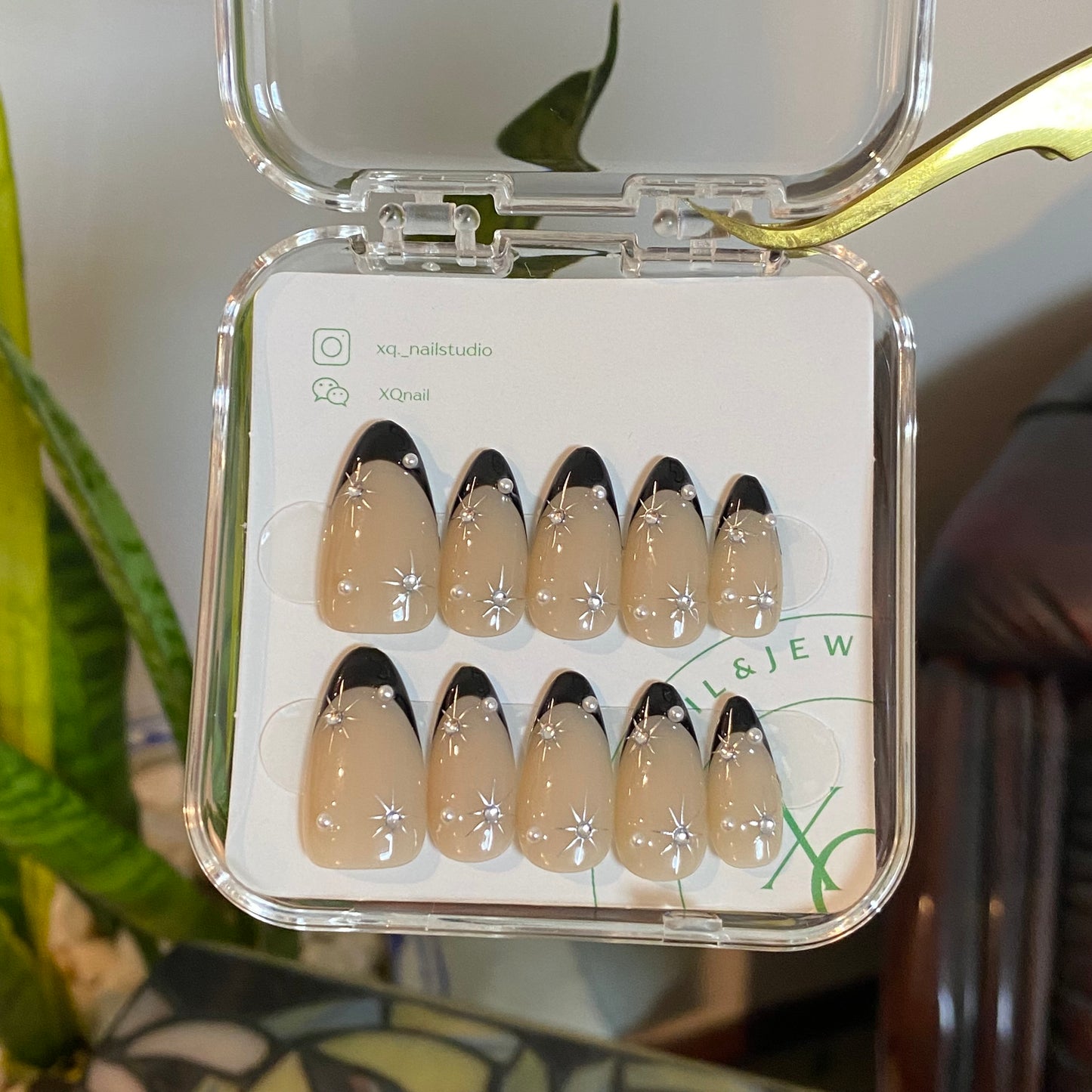 Black French Tip Silver Star Almond
