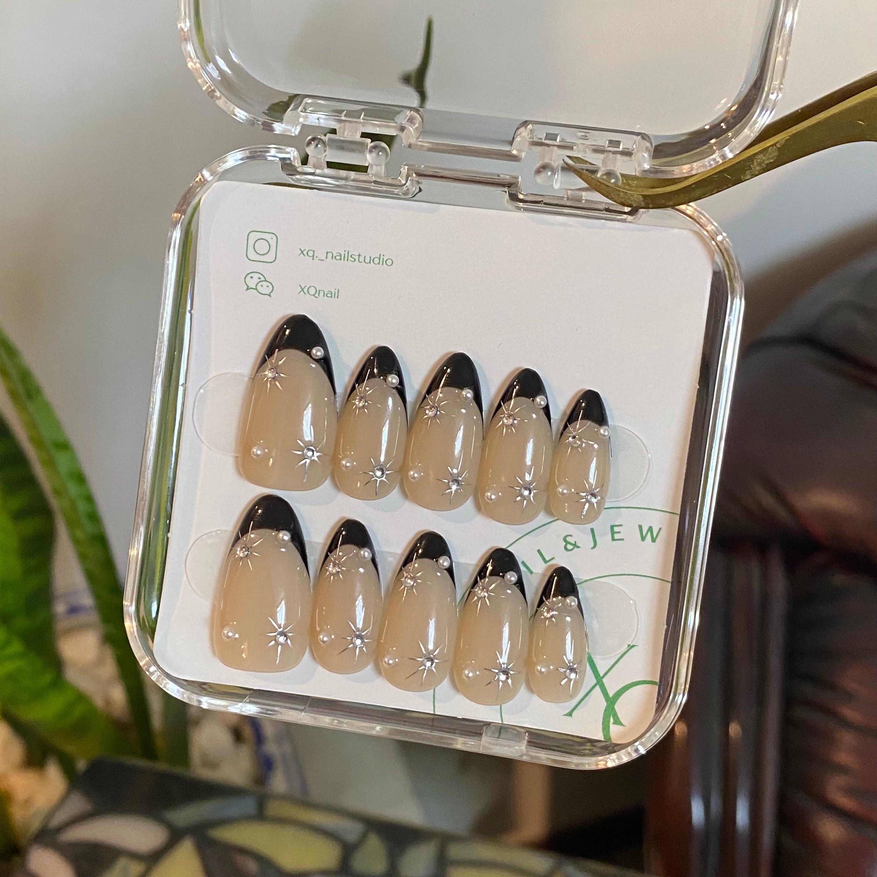 Black French Tip Silver Star Almond