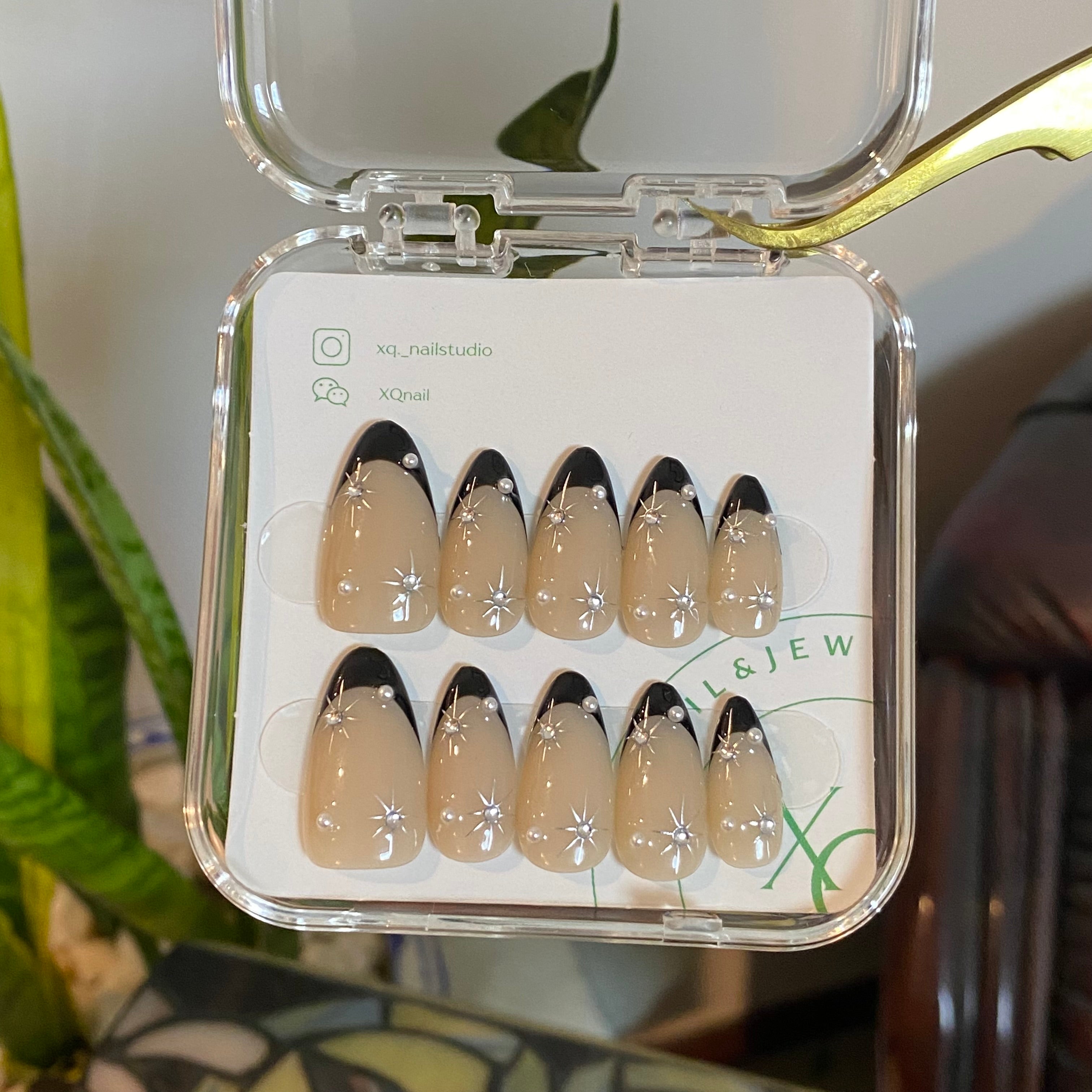 Black French Tip Silver Star Almond
