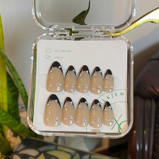Black French Tip Silver Star Almond